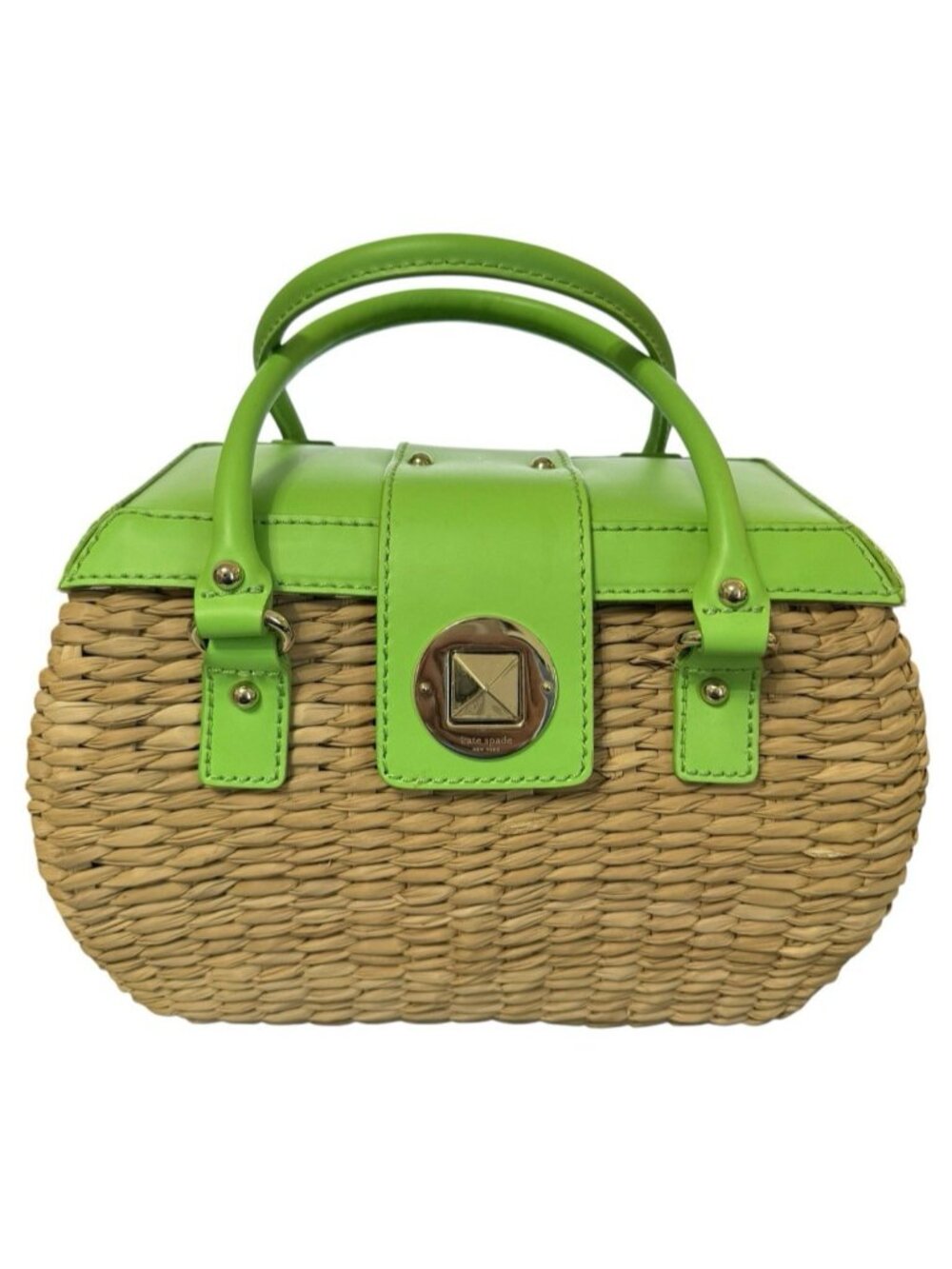 KATE SPADE Large Rattan Basket Handbag Designer Handbag Green Handle and Lid - Picture 2 of 9